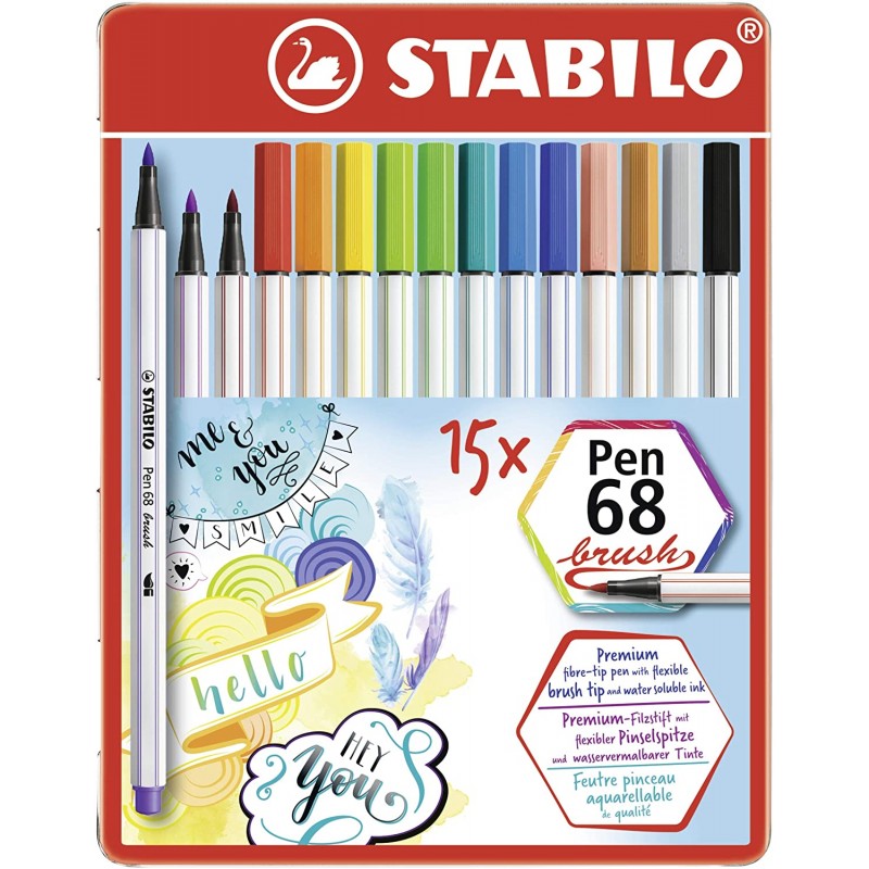 scatola-metallo-15-pennarelli-pen-68-brush-stabilo